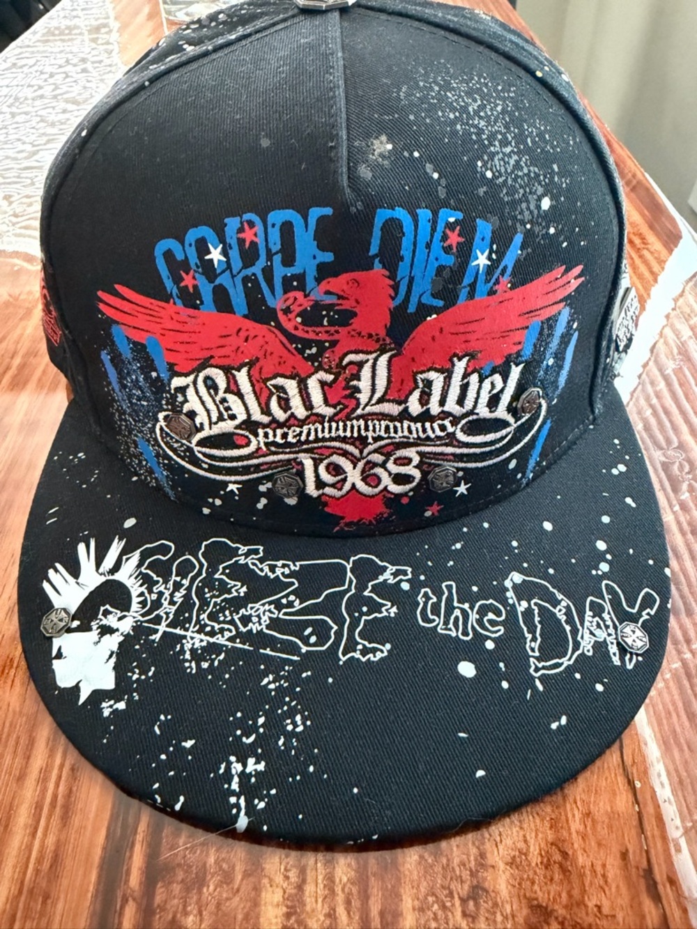 Blac Label Hat Cap Snap Back Mens Black Embroidered Graphic Carpe Diem 1968
